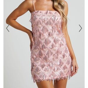 Showpo Shook Mini Dress - Cami Sequence Fringe Dress in Pink Sequin